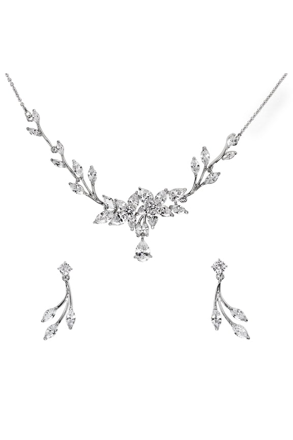 Gorgeous Clear CZ Crystal Floral Necklace Earrings Set Bridal Wedding Party