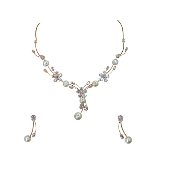 Faship Gorgeous Clear CZ Crystal Genuine Freshwater Pearls Floral Necklace Earrings Set