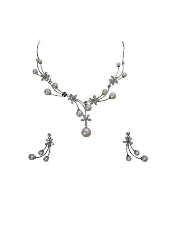 Clear CZ Crystal Shell Pearls Floral Necklace Earrings Set