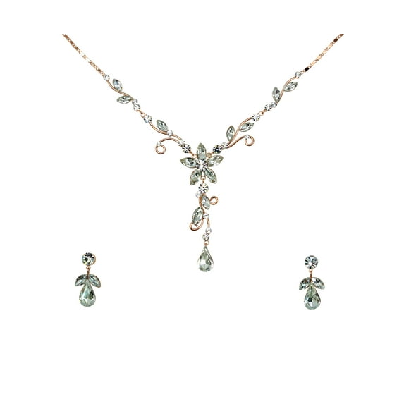 Faship Gorgeous Clear Rhinestone Crystal Floral Necklace Earrings Set