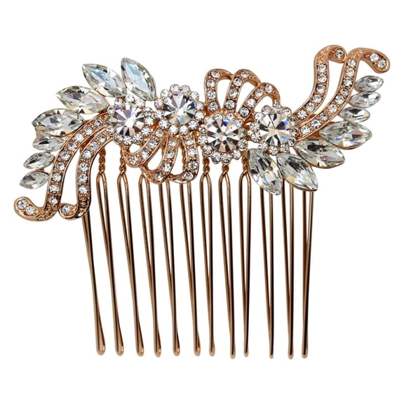 Faship Gorgeous Clear Rhinestone Crystal Rose Gold Plated Floral Hair Comb