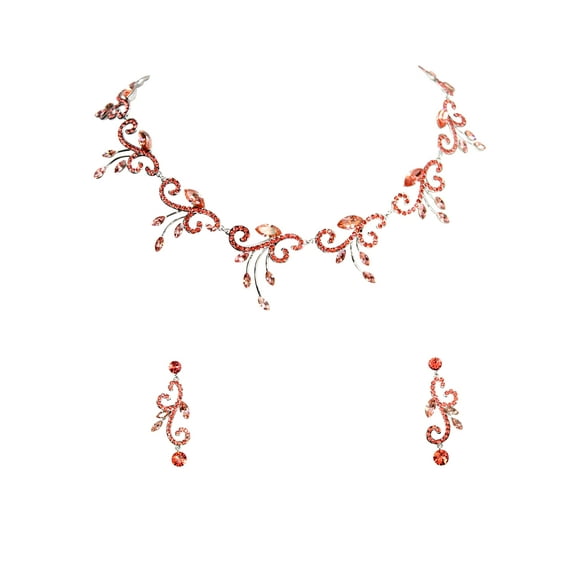 Faship Gorgeous Coral Rhinestone Crystal Floral Necklace Earrings Set