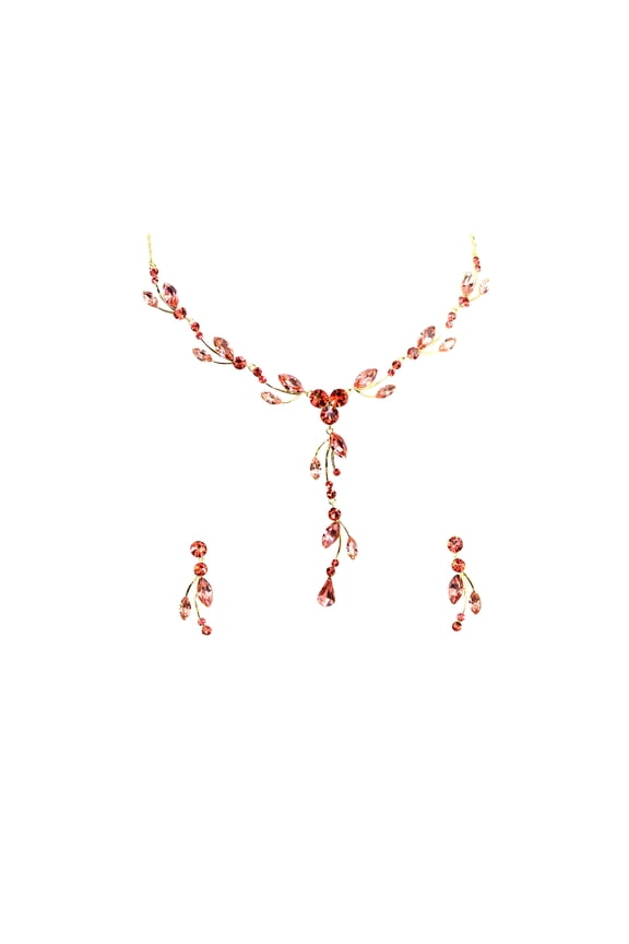 Gorgeous Coral Rhinestone Crystal Floral Necklace Earrings Set