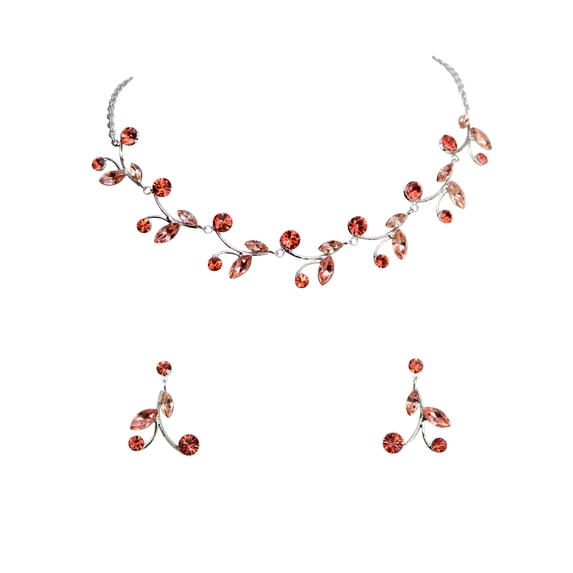 Faship Gorgeous Coral Rhinestone Crystal Floral Necklace Earrings Set