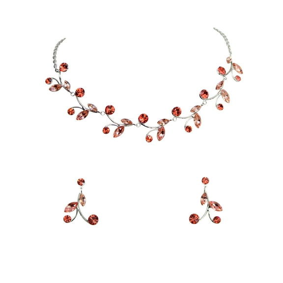 Faship Gorgeous Coral Rhinestone Crystal Floral Necklace Earrings Set