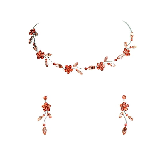 Faship Gorgeous Coral Rhinestone Crystal Floral Necklace Earrings Set