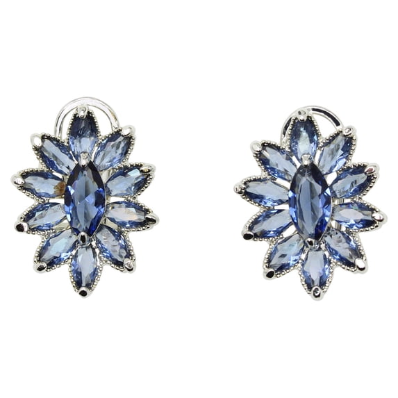 Faship Gorgeous Dark Blue CZ Crystal Floral Pierced Clip Earrings