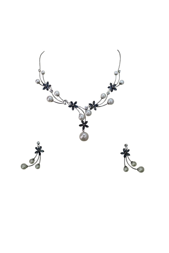 Gorgeous Dark Blue CZ Crystal Shell Pearls Floral Necklace Earrings Set