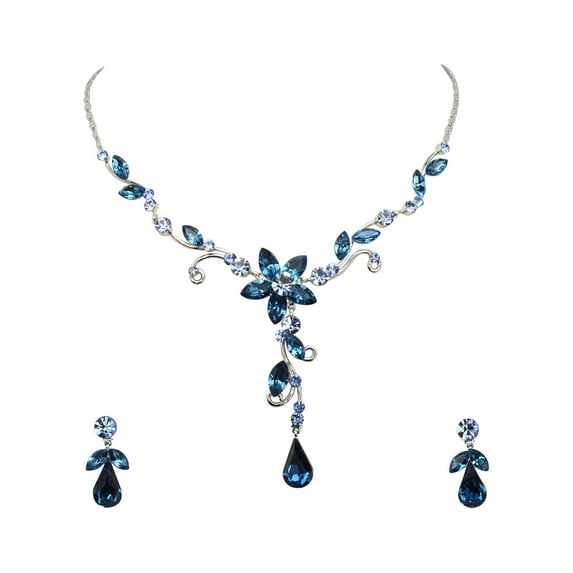 Faship Gorgeous Dark Blue Rhinestone Crystal Floral Necklace Earrings Set