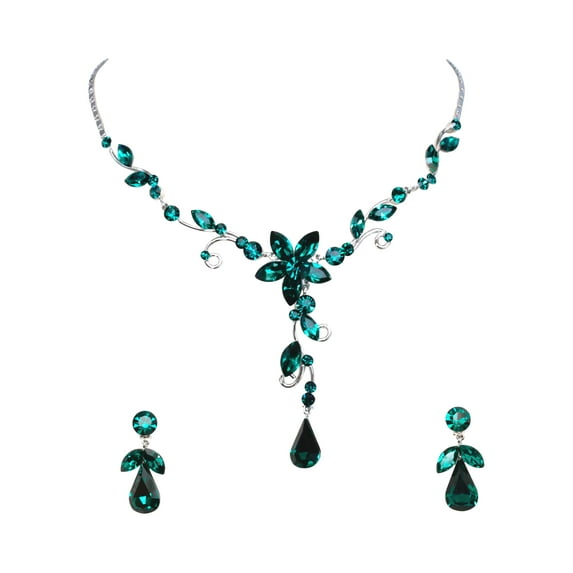 Faship Gorgeous Green Rhinestone Crystal Floral Necklace Earrings Set