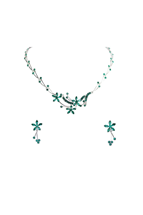 Gorgeous Green Rhinestone Crystal Floral Necklace Earrings Set