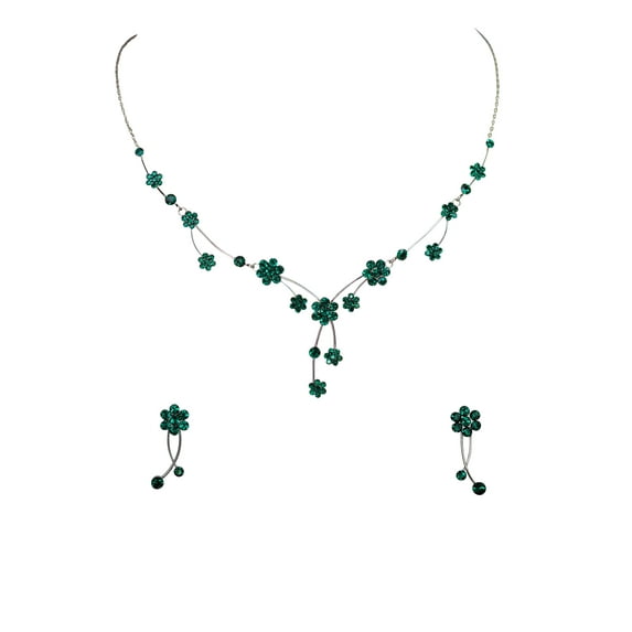 Faship Gorgeous Green Rhinestone Crystal Floral Necklace Earrings Set