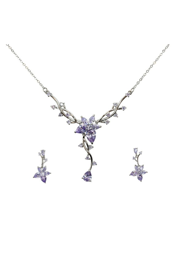 Gorgeous Lavender CZ Crystal Floral Necklace Earrings Set
