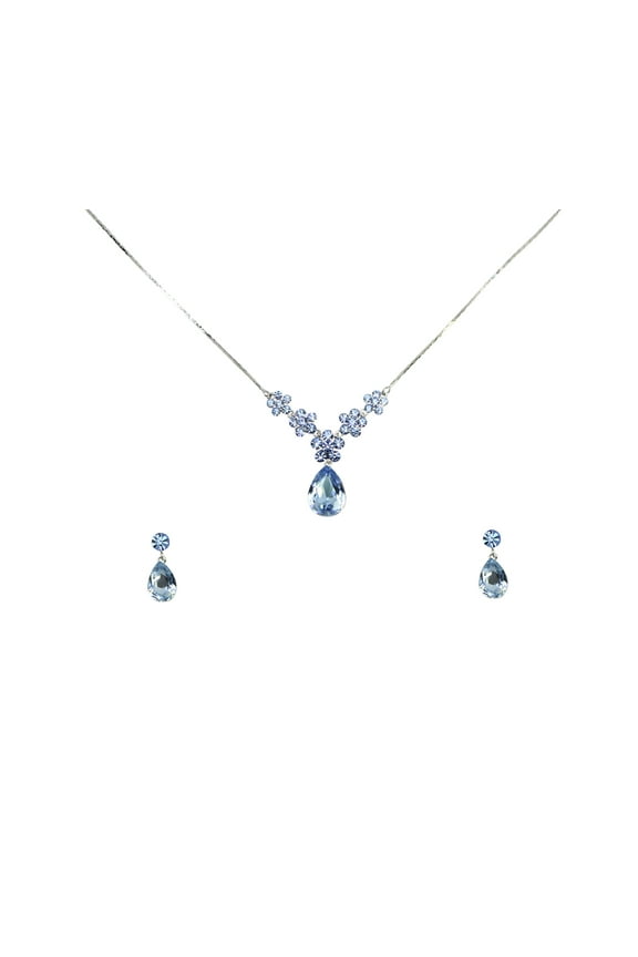 Gorgeous Light Blue Rhinestone Crystal Floral Necklace Earrings Set