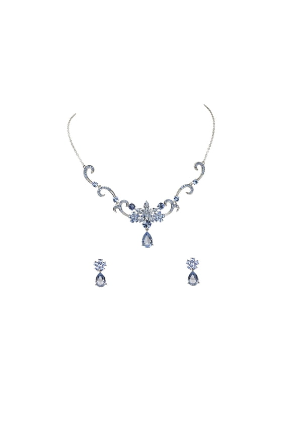 Gorgeous Light Blue Rhinestone Crystal Floral Necklace Earrings Set