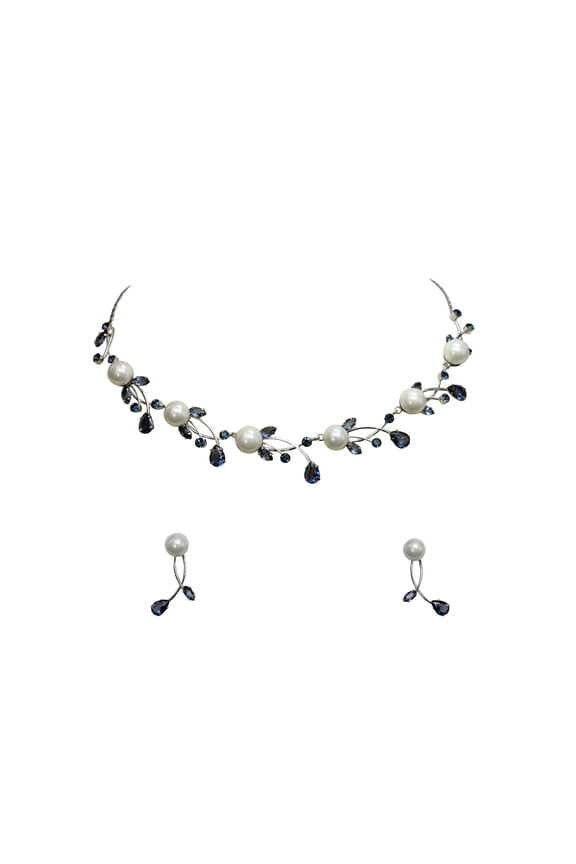 Gorgeous Navy Blue CZ Crystal Genuine 10mm Freshwater Pearls Floral Necklace Earrings Set