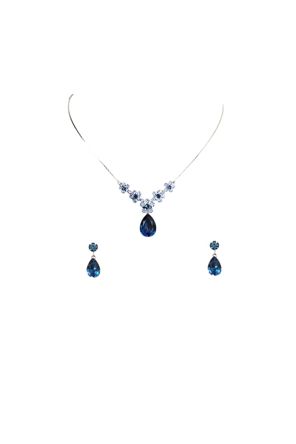Gorgeous Navy Blue Rhinestone Crystal Floral Necklace Earrings Set