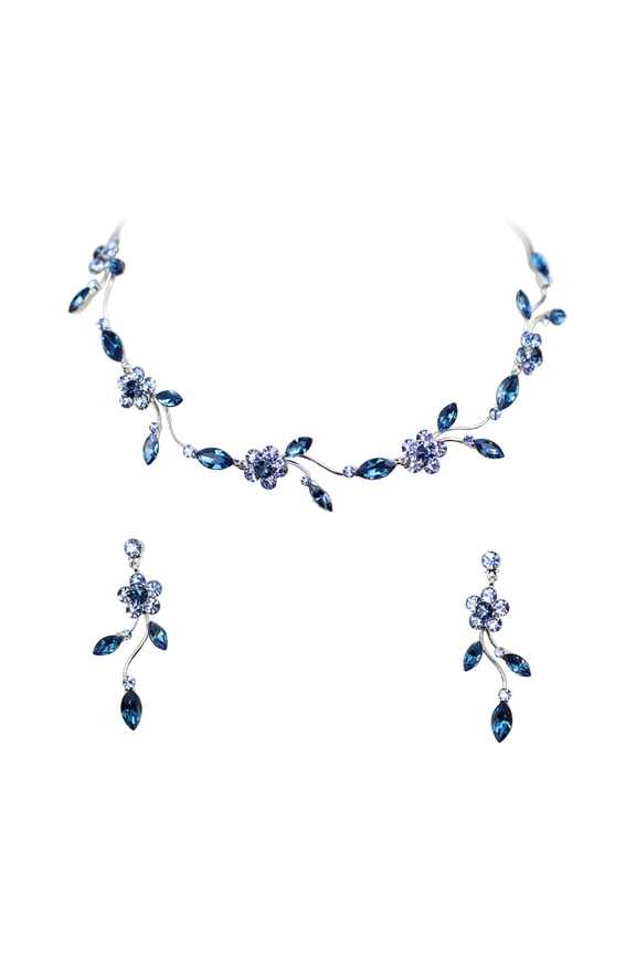 Gorgeous Navy Blue Rhinestone Crystal Floral Necklace Earrings Set