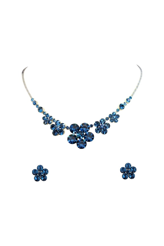 Gorgeous Navy Blue Rhinestone Crystal Floral Necklace Earrings Set