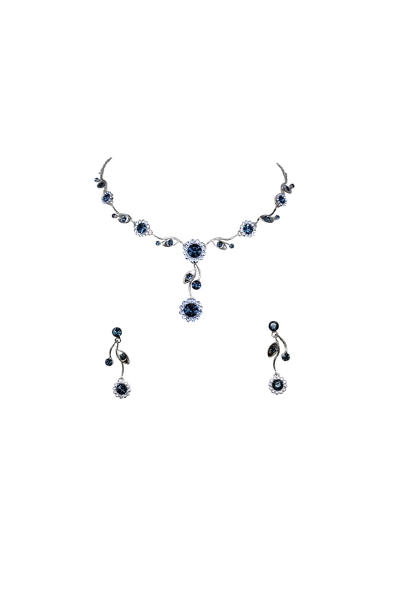 Gorgeous Navy Blue Rhinestone Crystal Floral Necklace Earrings Set