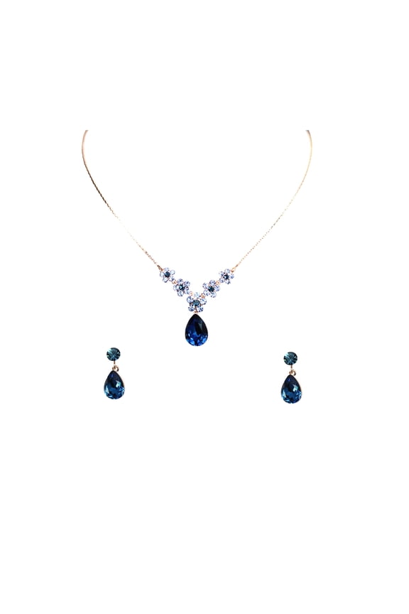 Gorgeous Navy Blue Rhinestone Crystal Floral Necklace Earrings Set
