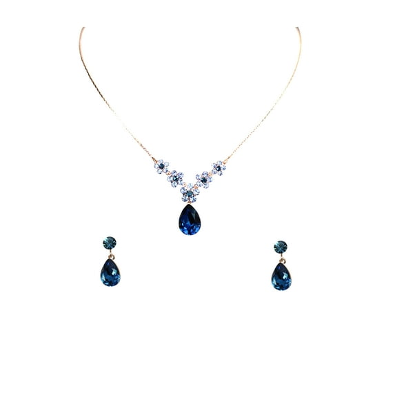 Faship Gorgeous Navy Blue Rhinestone Crystal Floral Necklace Earrings Set