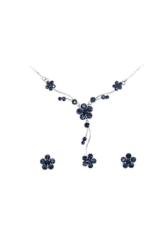 Gorgeous Navy Blue Rhinestone Crystal Floral Necklace Earrings Set