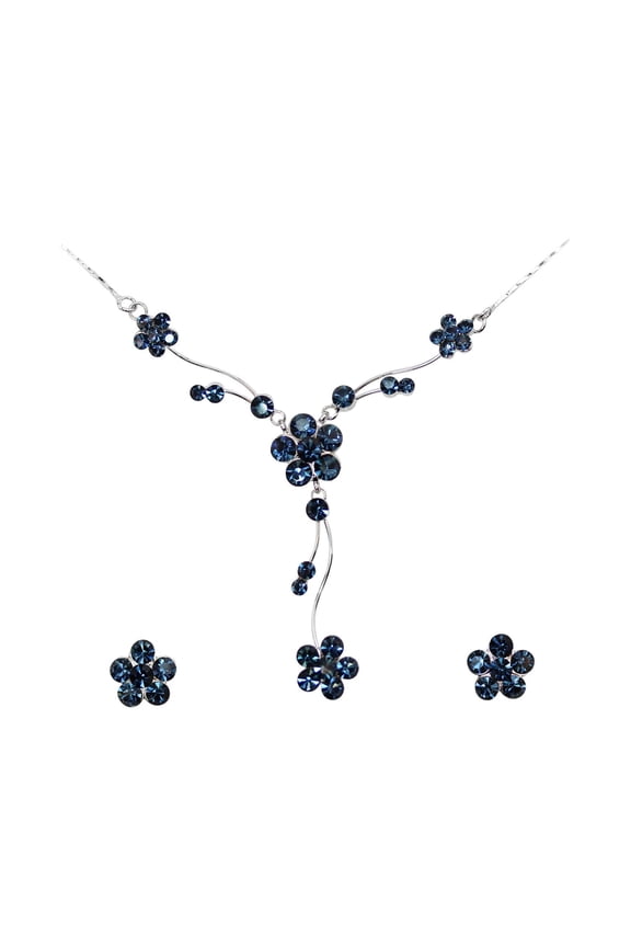 Gorgeous Navy Blue Rhinestone Crystal Floral Necklace Earrings Set