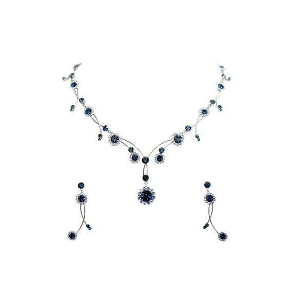 Faship Gorgeous Navy Blue Rhinestone Crystal Floral Necklace Earrings Set
