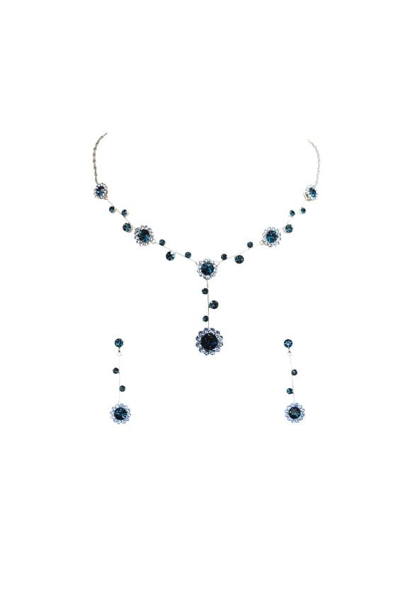 Gorgeous Navy Blue  Rhinestone Crystal Floral Necklace Earrings Set