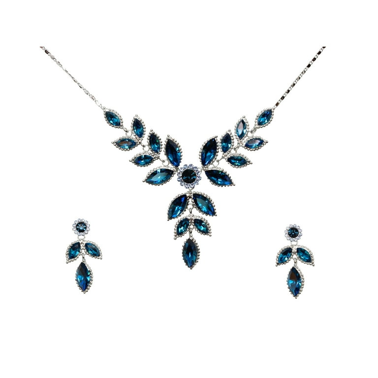 Faship Gorgeous Navy Blue Rhinestone Crystal Floral Necklace Earrings Set