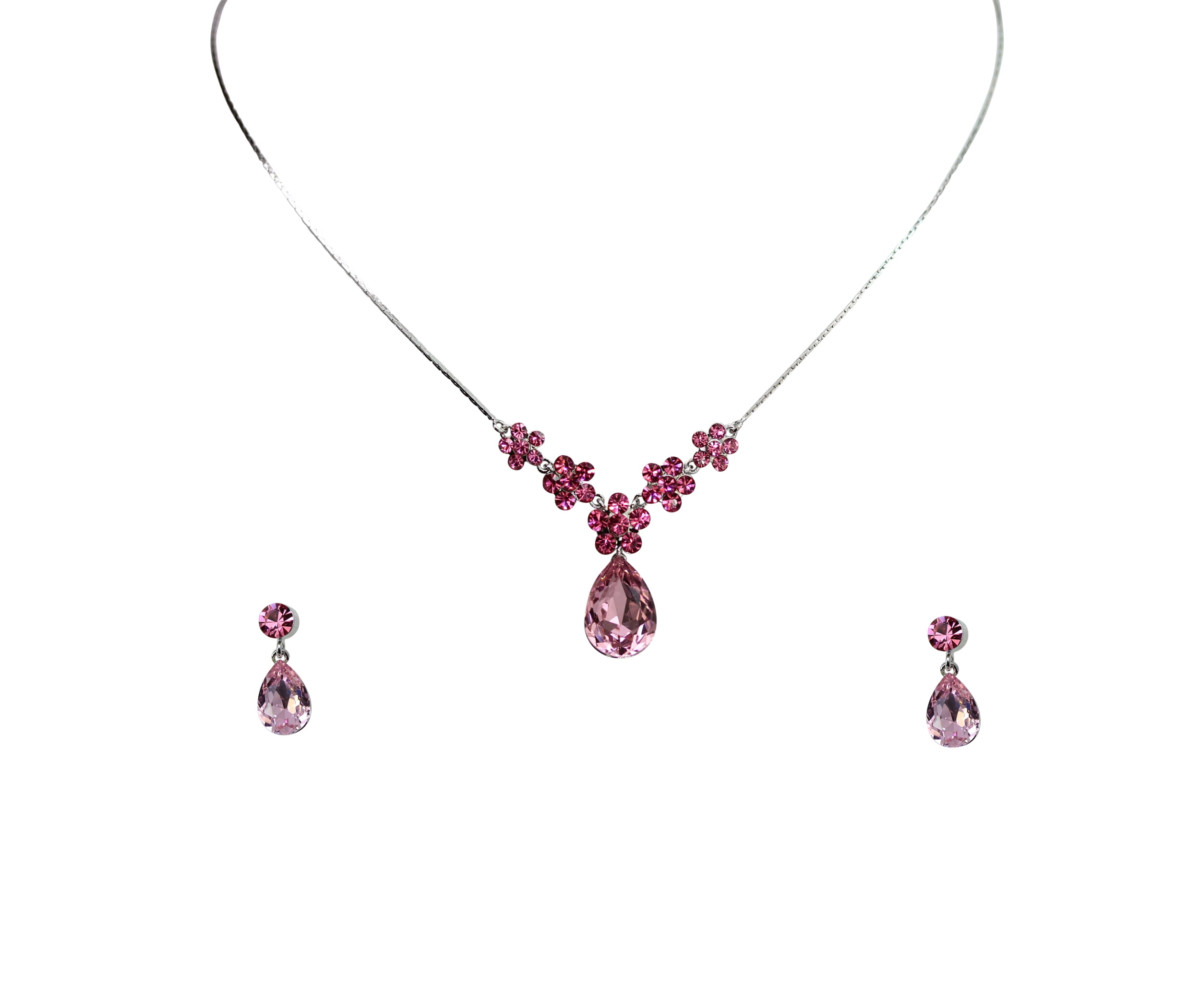 18k White Gold & Jewelry Bronze 4.00ctw Pink & White Crystal Necklace & Earrings  Set | Property Room