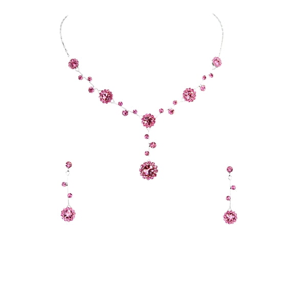 Faship Gorgeous Pink Rhinestone Crystal Floral Necklace Earrings Set