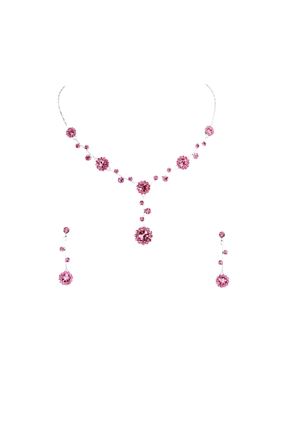 Gorgeous Pink Rhinestone Crystal Floral Necklace Earrings Set
