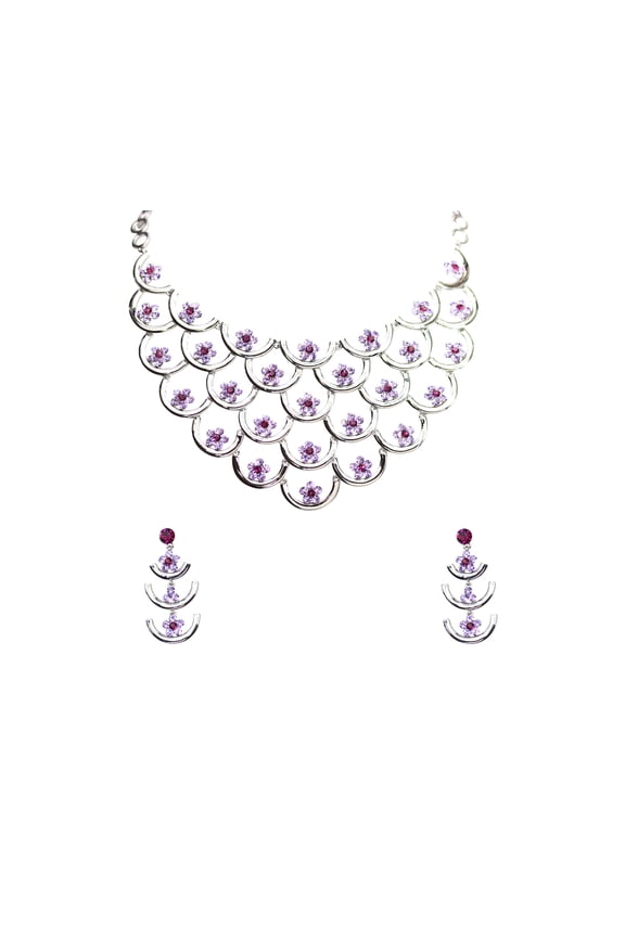 Gorgeous Purple Rhinestone Crystal Net Mesh Floral Necklace Earrings Set