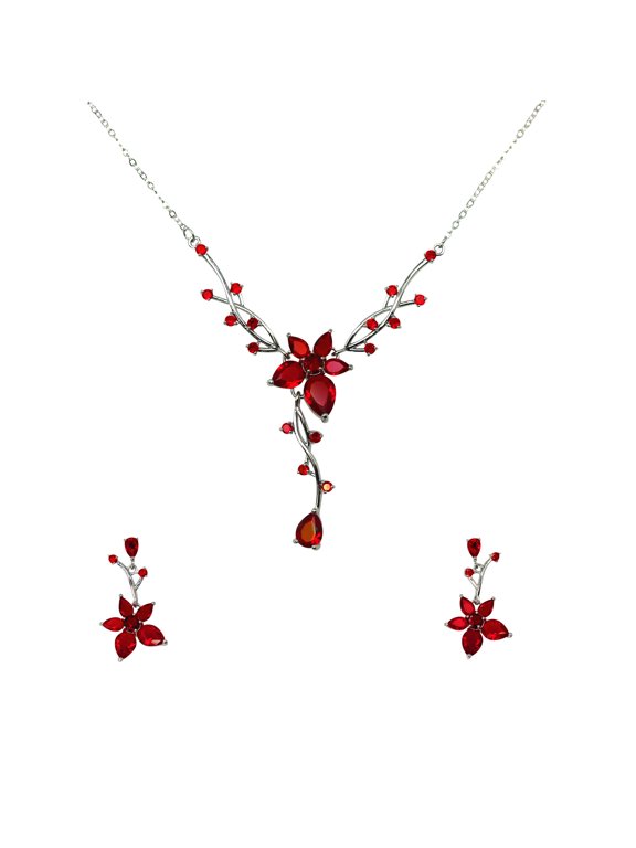 Gorgeous Red CZ Crystal Floral Necklace Earrings Set