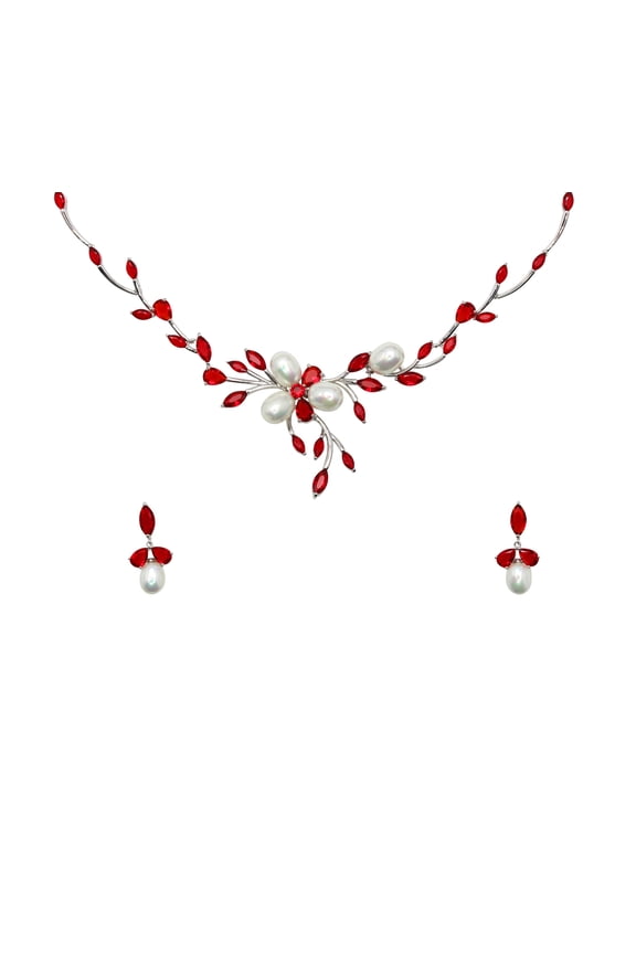 Gorgeous Red CZ Crystal Mother Of Pearls Floral Necklace Earrings Set
