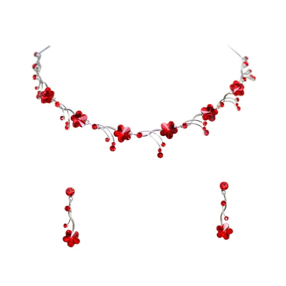 Faship Gorgeous Red Premium Rhinestone Crystal Floral Necklace Earrings Set