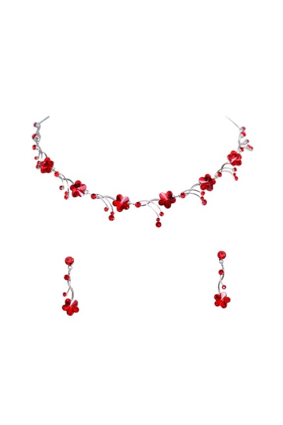 Red Floral Necklace Earrings Set