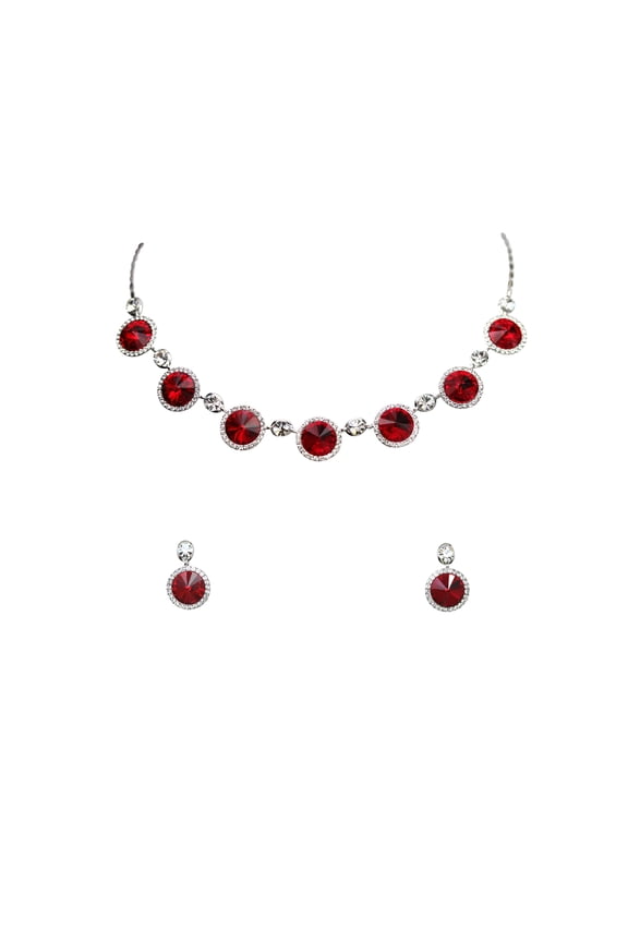 Gorgeous Red Premium Rhinestone Crystal Floral Necklace Earrings Set