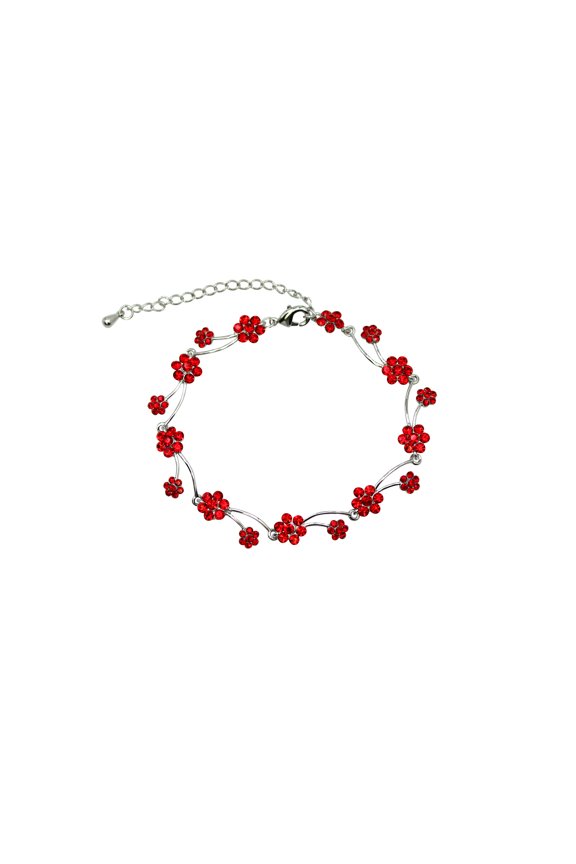 Gorgeous Red Rhinestone Crystal Floral Bracelet 7" - 9"