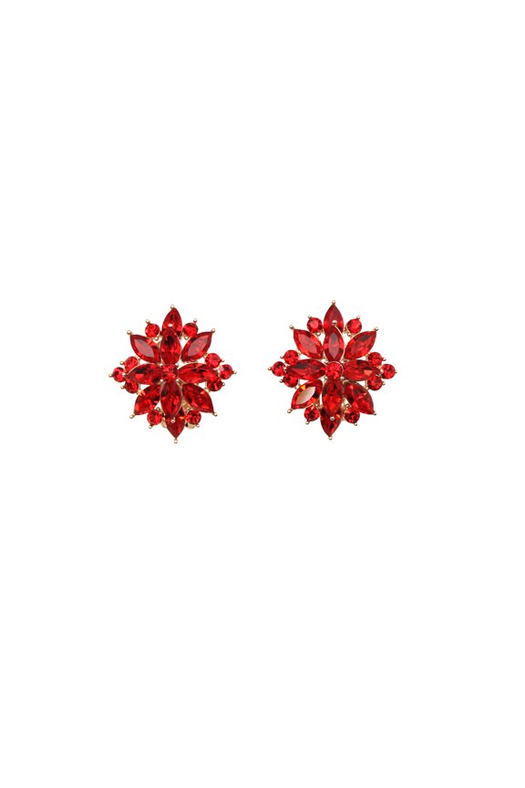Gorgeous Red Rhinestone Crystal Floral Clip Ons Earrings