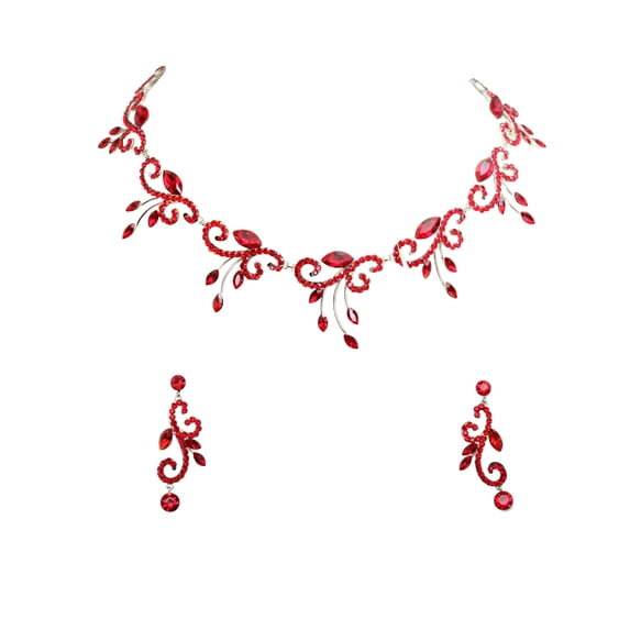 Faship Gorgeous Red Rhinestone Crystal Floral Necklace Earrings Set ...