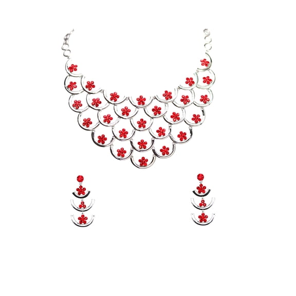 Faship Gorgeous Red Rhinestone Crystal Floral Necklace Earrings Set