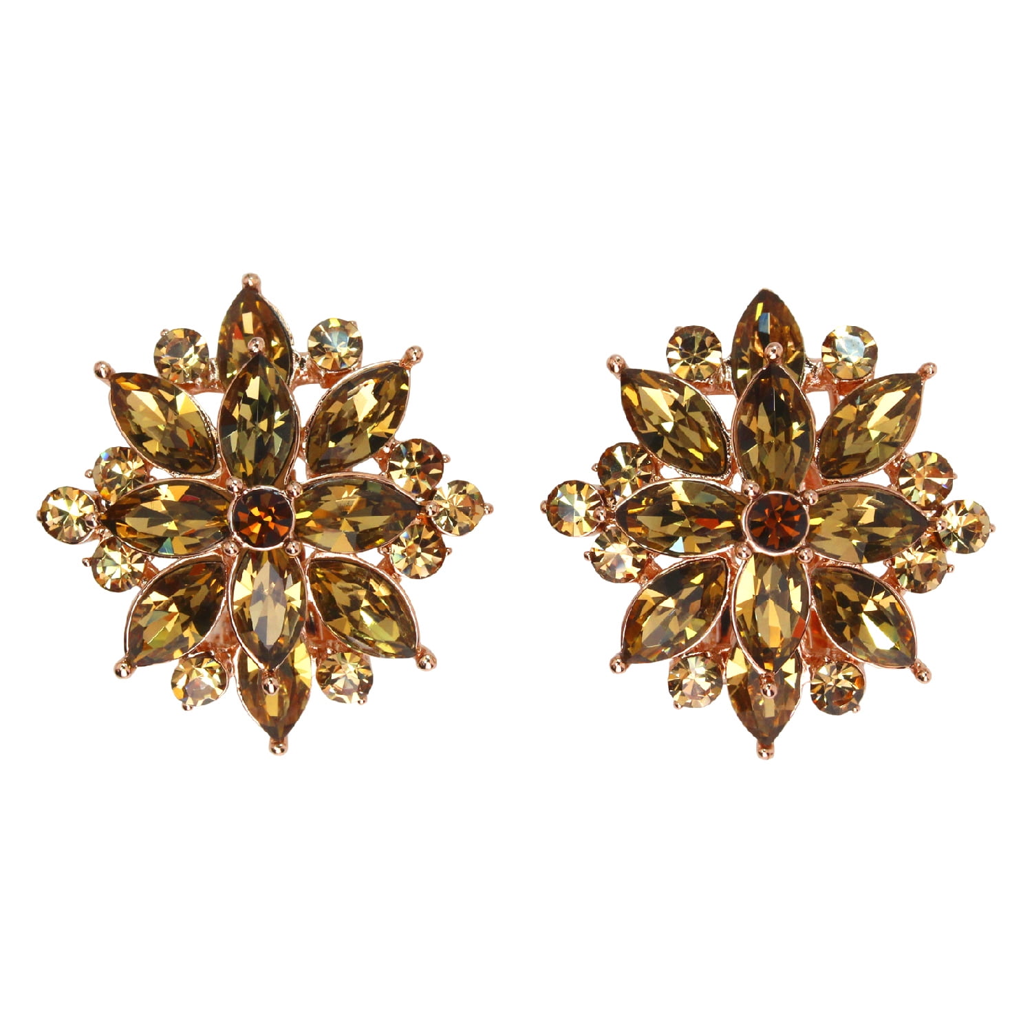 Faship Gorgeous Smoked Topaz Rhinestone Crystal Floral Clip On Style Earrings