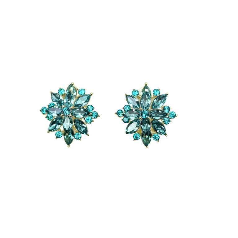 Faship Gorgeous Teal Rhinestone Crystal Clip On Earrings
