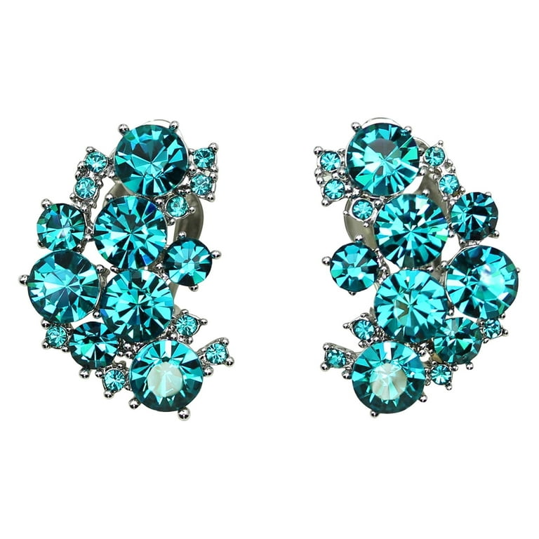 Faship Gorgeous Teal Rhinestone Crystal Clip On Earrings