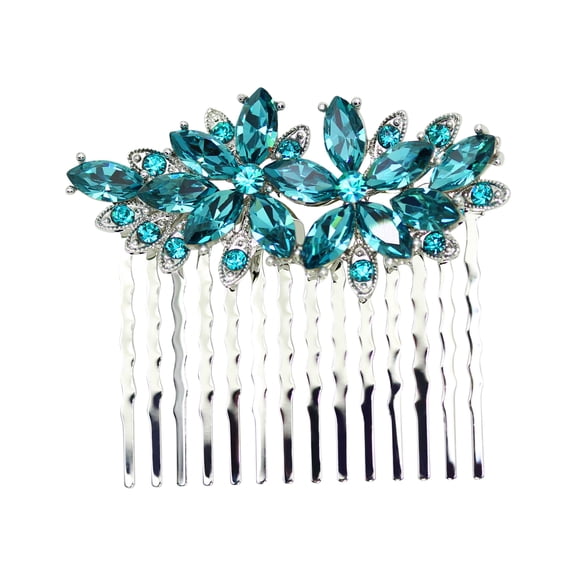 Faship Gorgeous Teal Rhinestone Crystal Floral Hair Comb