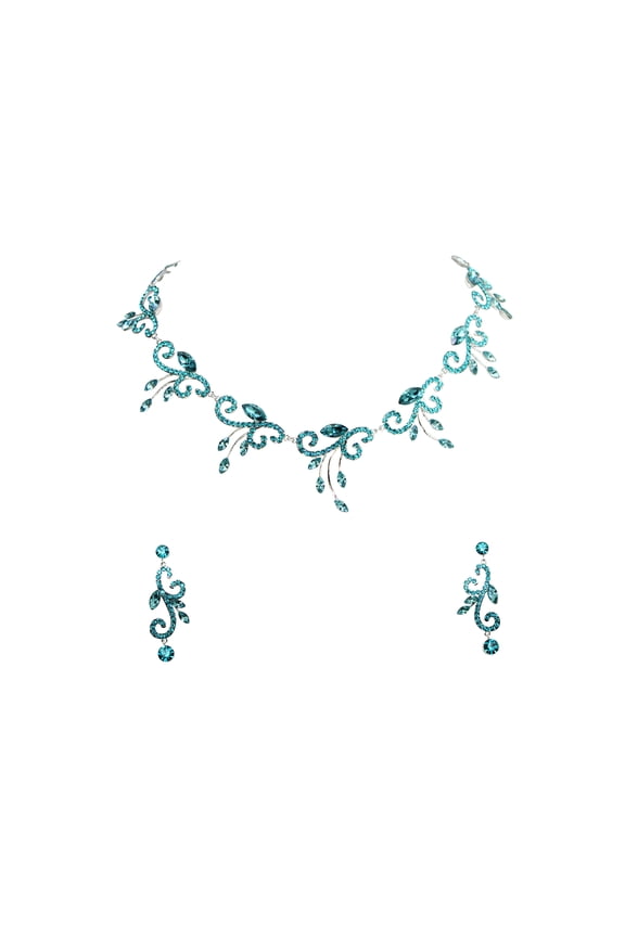 Gorgeous Teal Rhinestone Crystal Floral Necklace Earrings Set