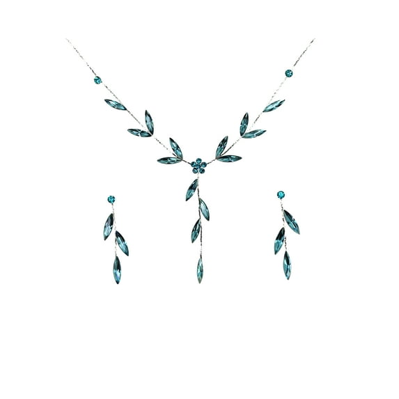 Faship Gorgeous Teal Rhinestone Crystal Floral Necklace Earrings Set